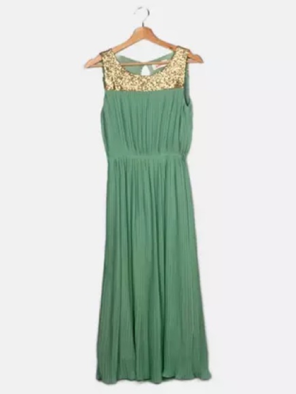 Louche sage dress with gold sequins and pleating